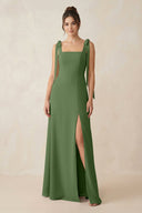 Square Neck Sheath Chiffon Bridesmaid Dress with Bow in Moss - KissProm Bridesmaid Dresses