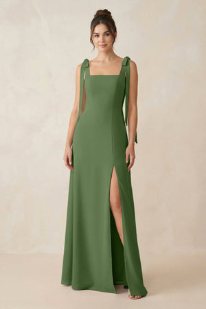Square Neck Sheath Chiffon Bridesmaid Dress with Bow in Moss - KissProm Bridesmaid Dresses