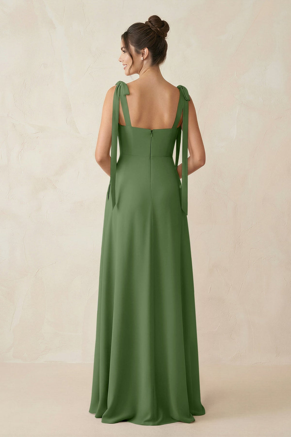Square Neck Sheath Chiffon Bridesmaid Dress with Bow in Moss - KissProm Bridesmaid Dresses