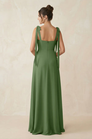 Square Neck Sheath Chiffon Bridesmaid Dress with Bow in Moss - KissProm Bridesmaid Dresses