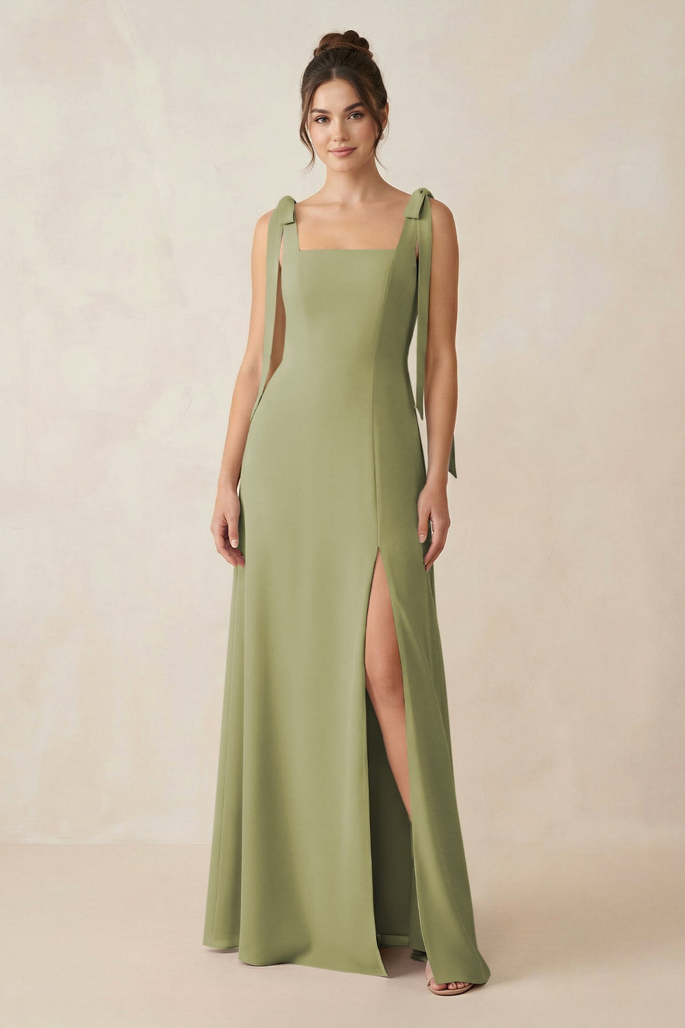 Square Neck Sheath Chiffon Bridesmaid Dress with Bow in Moss Green - KissProm Bridesmaid Dresses