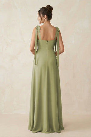 Square Neck Sheath Chiffon Bridesmaid Dress with Bow in Moss Green - KissProm Bridesmaid Dresses