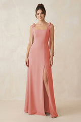 Square Neck Sheath Chiffon Bridesmaid Dress with Bow in Mulberry - KissProm Bridesmaid Dresses