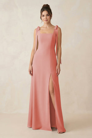 Square Neck Sheath Chiffon Bridesmaid Dress with Bow in Mulberry - KissProm Bridesmaid Dresses