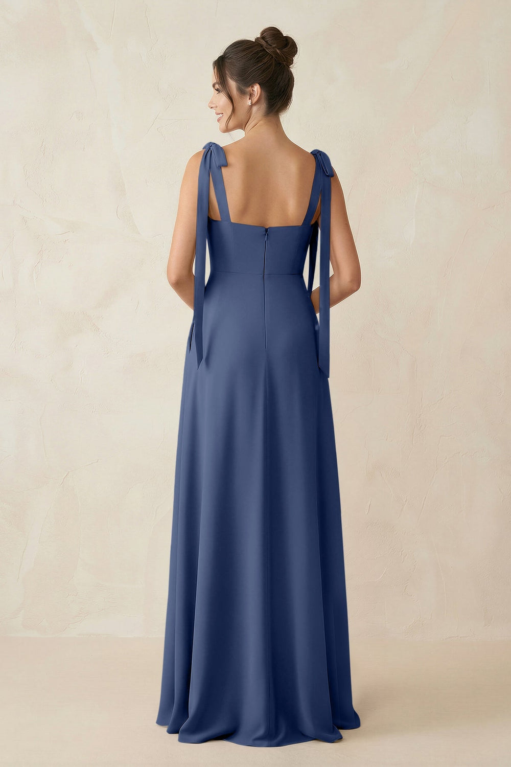 Square Neck Sheath Chiffon Bridesmaid Dress with Bow in Navy - KissProm Bridesmaid Dresses