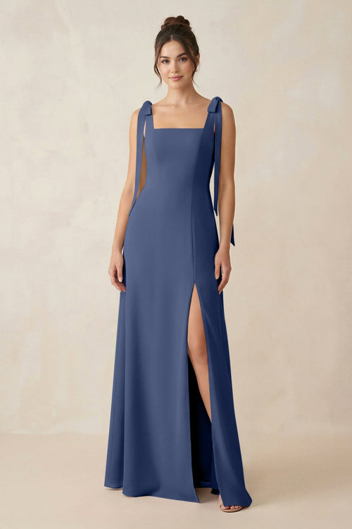 Square Neck Sheath Chiffon Bridesmaid Dress with Bow in Navy - KissProm Bridesmaid Dresses