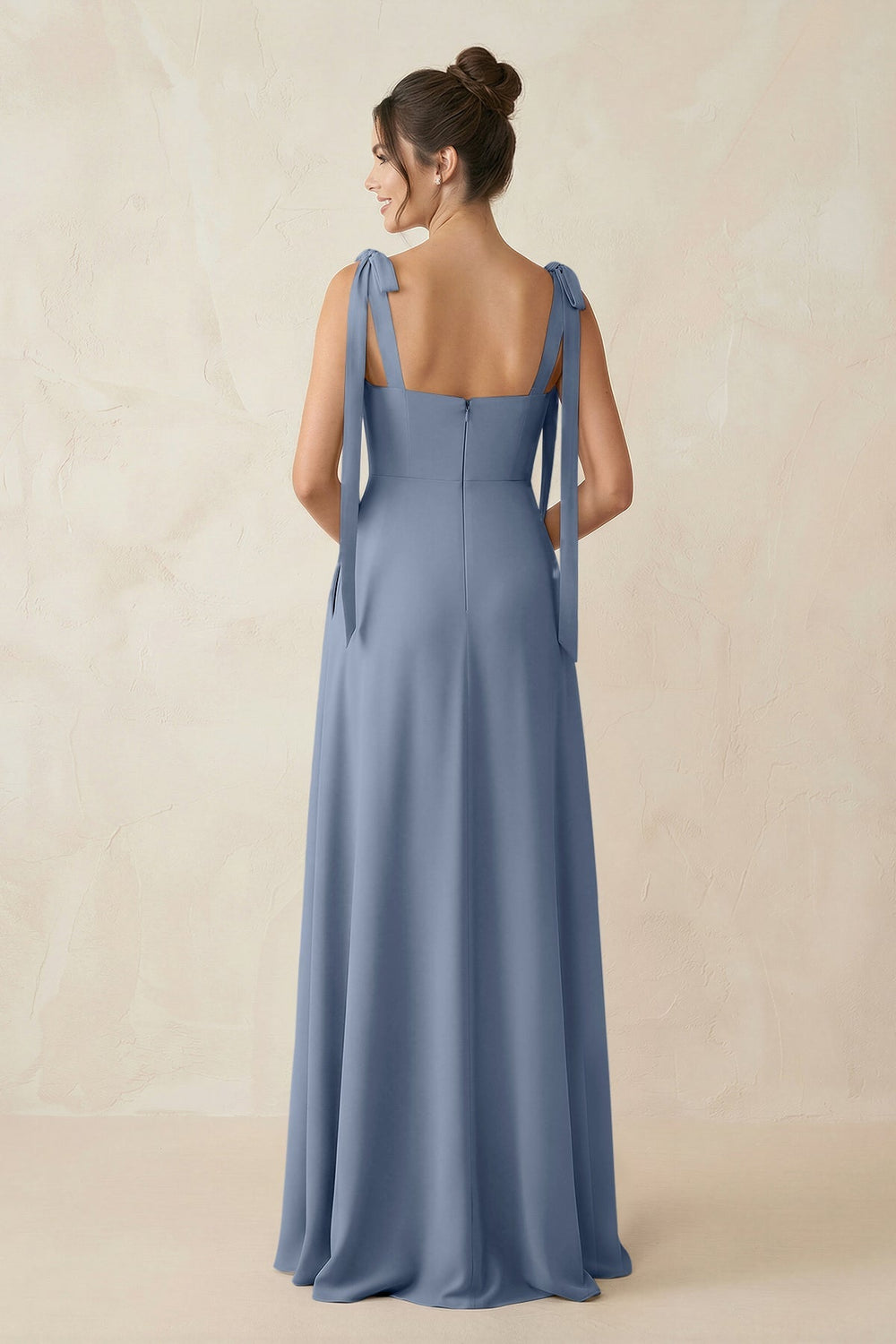 Square Neck Sheath Chiffon Bridesmaid Dress with Bow in Neptune - KissProm Bridesmaid Dresses