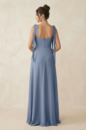 Square Neck Sheath Chiffon Bridesmaid Dress with Bow in Neptune - KissProm Bridesmaid Dresses