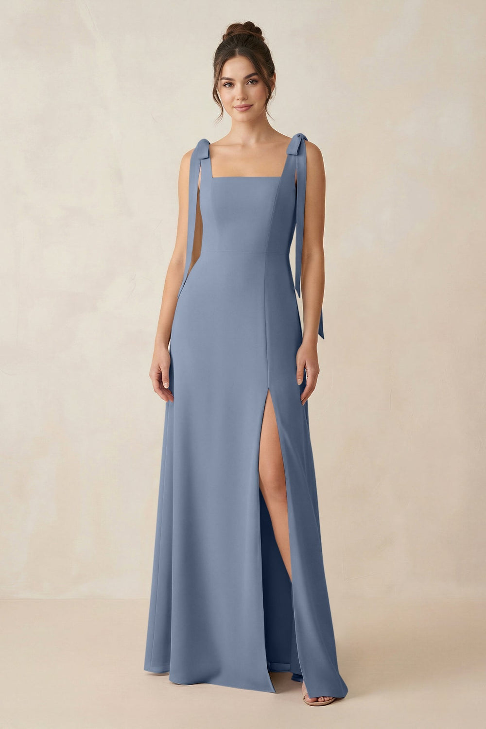Square Neck Sheath Chiffon Bridesmaid Dress with Bow in Neptune - KissProm Bridesmaid Dresses