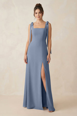Square Neck Sheath Chiffon Bridesmaid Dress with Bow in Neptune - KissProm Bridesmaid Dresses