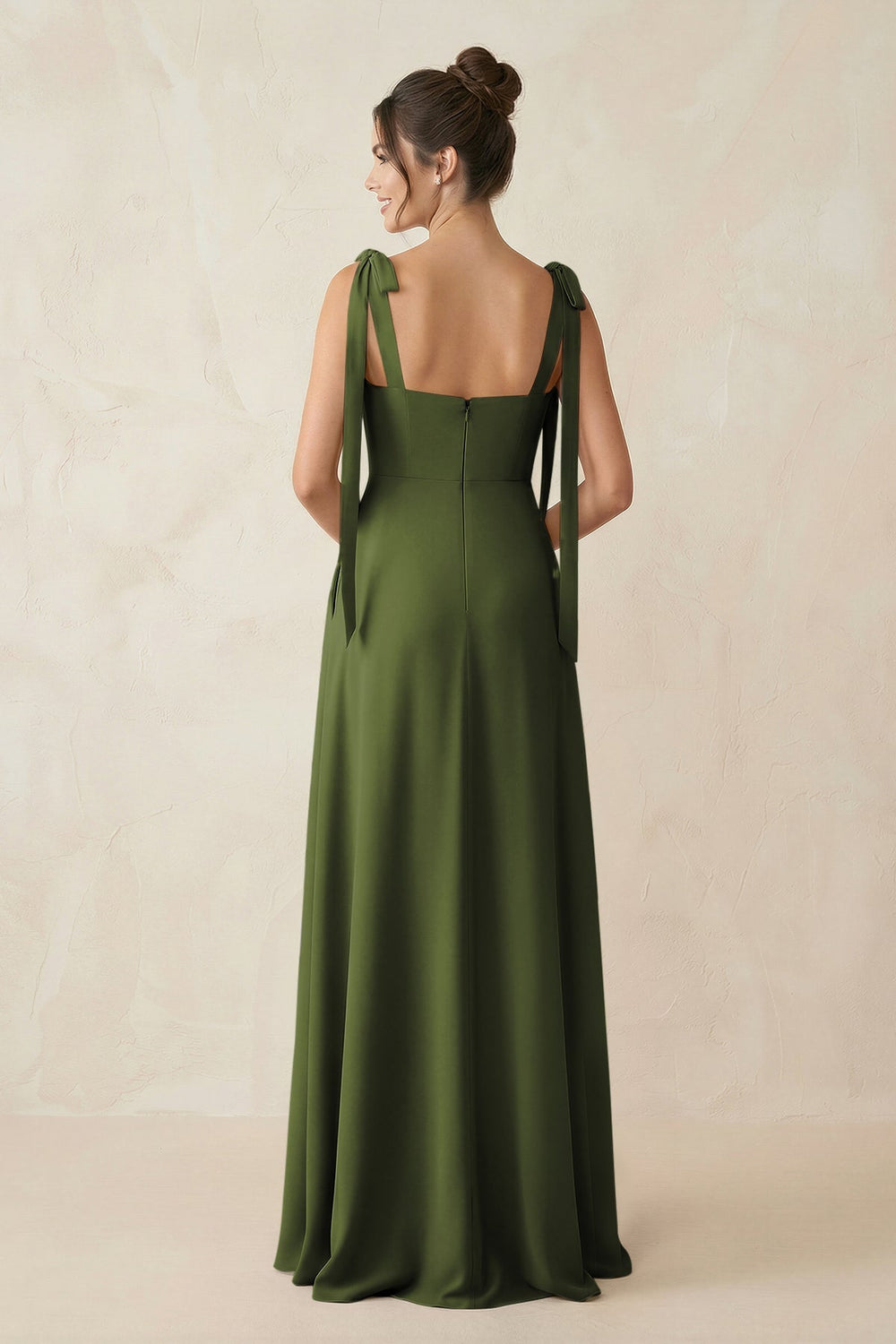 Square Neck Sheath Chiffon Bridesmaid Dress with Bow in Olive - KissProm Bridesmaid Dresses