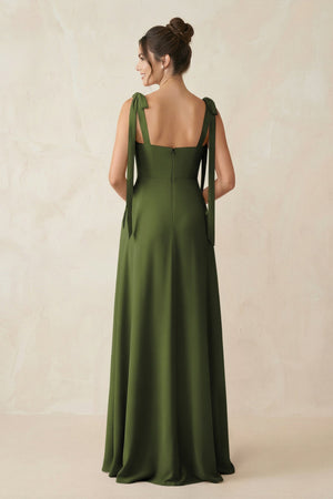 Square Neck Sheath Chiffon Bridesmaid Dress with Bow in Olive - KissProm Bridesmaid Dresses