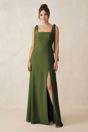 Square Neck Sheath Chiffon Bridesmaid Dress with Bow in Olive - KissProm Bridesmaid Dresses