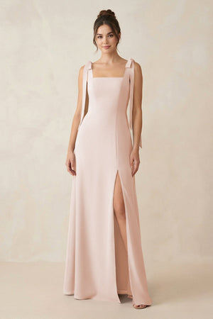 Square Neck Sheath Chiffon Bridesmaid Dress with Bow in Pale Blush - KissProm Bridesmaid Dresses