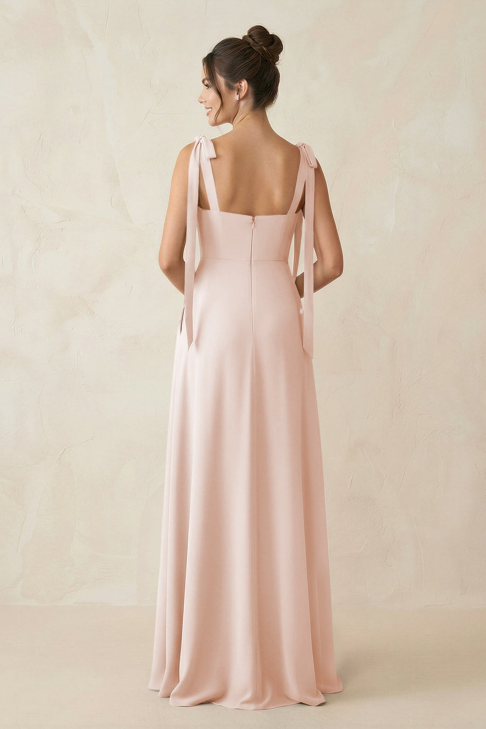 Square Neck Sheath Chiffon Bridesmaid Dress with Bow in Pale Blush - KissProm Bridesmaid Dresses