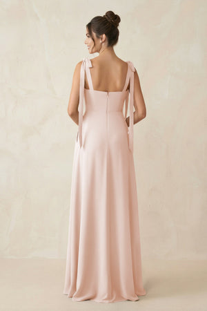 Square Neck Sheath Chiffon Bridesmaid Dress with Bow in Pale Blush - KissProm Bridesmaid Dresses