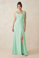 Square Neck Sheath Chiffon Bridesmaid Dress with Bow in Pale Pistachio - KissProm Bridesmaid Dresses