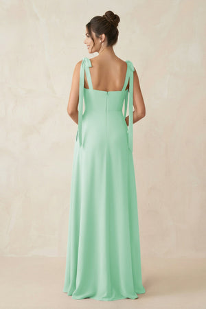 Square Neck Sheath Chiffon Bridesmaid Dress with Bow in Pale Pistachio - KissProm Bridesmaid Dresses