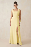 Square Neck Sheath Chiffon Bridesmaid Dress with Bow in Pastel Yellow - KissProm Bridesmaid Dresses