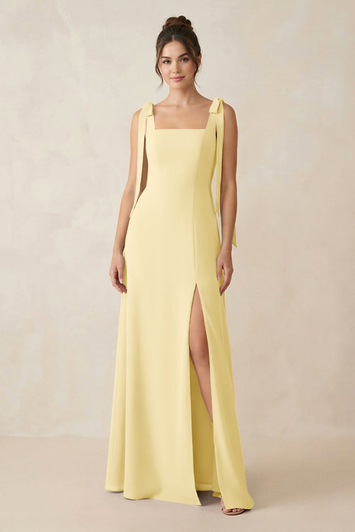 Square Neck Sheath Chiffon Bridesmaid Dress with Bow in Pastel Yellow - KissProm Bridesmaid Dresses