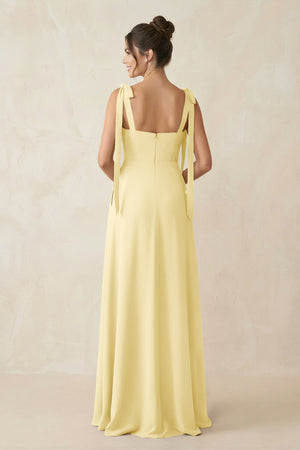 Square Neck Sheath Chiffon Bridesmaid Dress with Bow in Pastel Yellow - KissProm Bridesmaid Dresses