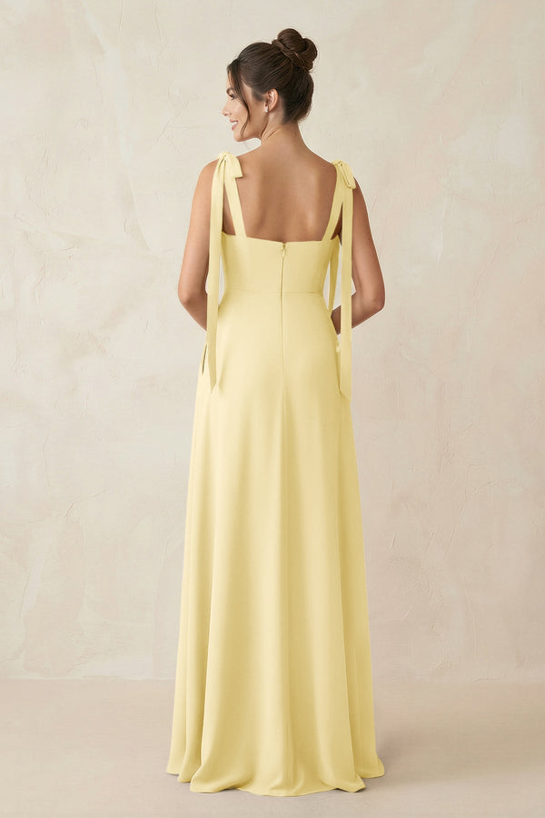 Square Neck Sheath Chiffon Bridesmaid Dress with Bow in Pastel Yellow - KissProm Bridesmaid Dresses