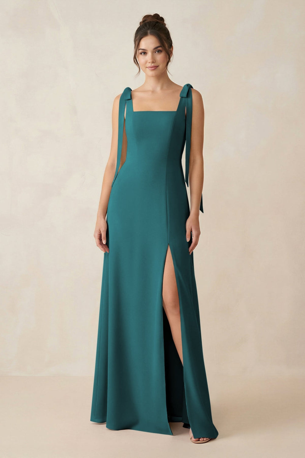 Square Neck Sheath Chiffon Bridesmaid Dress with Bow in Pine - KissProm Bridesmaid Dresses