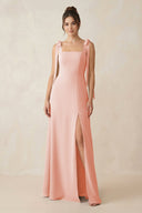Square Neck Sheath Chiffon Bridesmaid Dress with Bow in Rose Petal - KissProm Bridesmaid Dresses