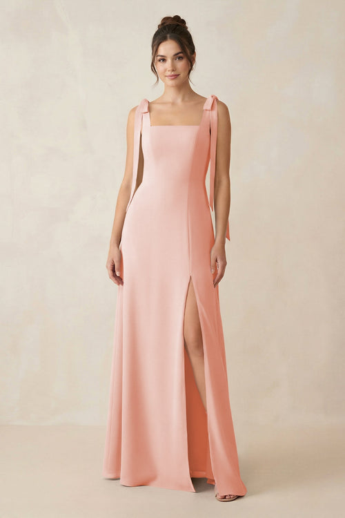 Square Neck Sheath Chiffon Bridesmaid Dress with Bow in Rose Petal - KissProm Bridesmaid Dresses