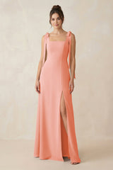 Square Neck Sheath Chiffon Bridesmaid Dress with Bow in Rosette - KissProm Bridesmaid Dresses