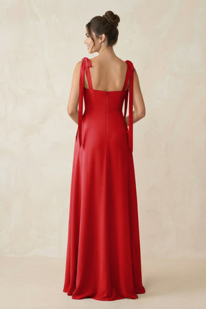 Square Neck Sheath Chiffon Bridesmaid Dress with Bow in Ruby Red - KissProm Bridesmaid Dresses