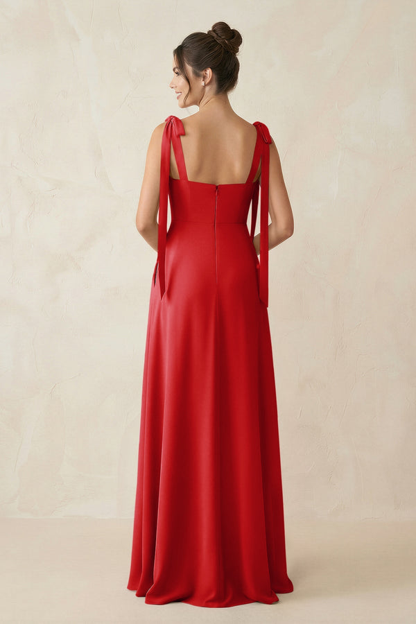 Square Neck Sheath Chiffon Bridesmaid Dress with Bow in Ruby Red - KissProm Bridesmaid Dresses