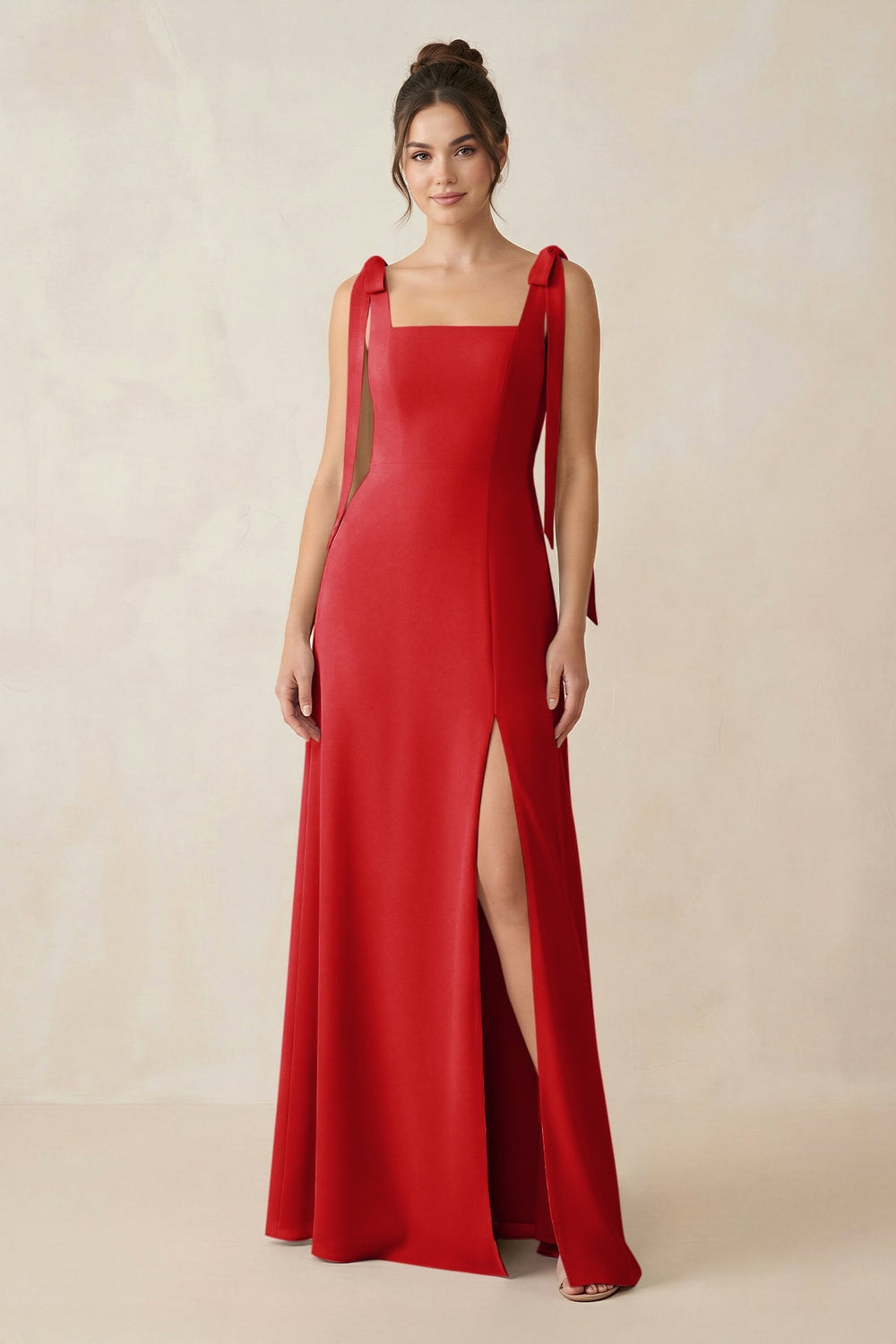 Square Neck Sheath Chiffon Bridesmaid Dress with Bow in Ruby Red - KissProm Bridesmaid Dresses