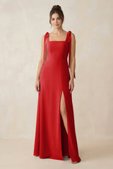 Square Neck Sheath Chiffon Bridesmaid Dress with Bow in Ruby Red - KissProm Bridesmaid Dresses