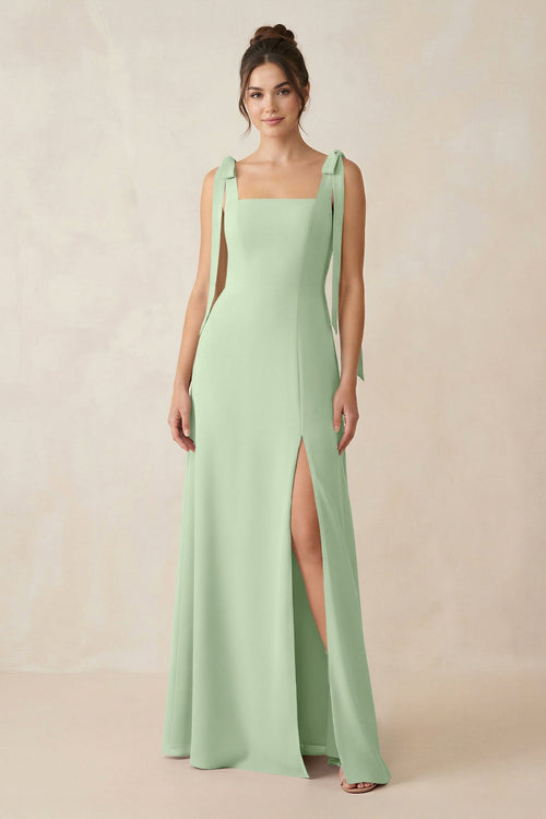 Square Neck Sheath Chiffon Bridesmaid Dress with Bow in Sage - KissProm Bridesmaid Dresses