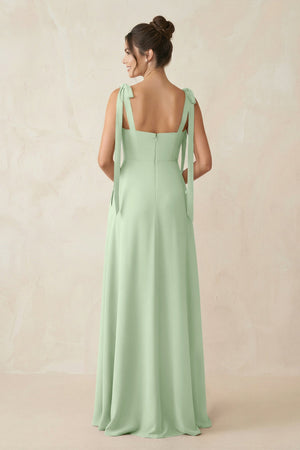 Square Neck Sheath Chiffon Bridesmaid Dress with Bow in Sage - KissProm Bridesmaid Dresses