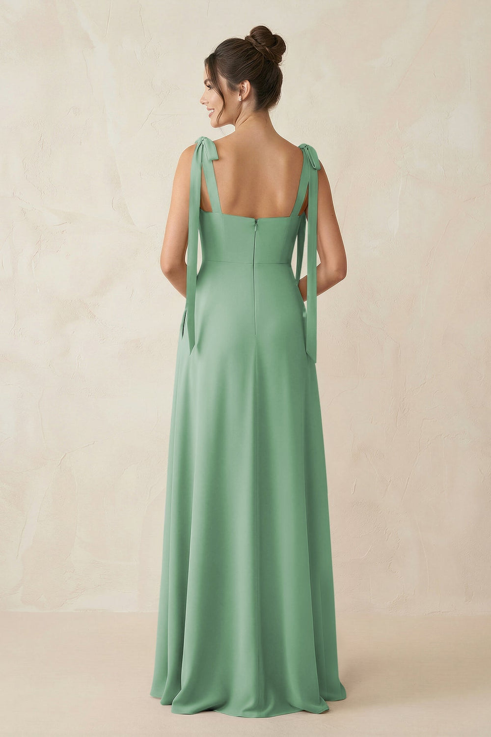 Square Neck Sheath Chiffon Bridesmaid Dress with Bow in Sea Glass - KissProm Bridesmaid Dresses