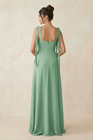 Square Neck Sheath Chiffon Bridesmaid Dress with Bow in Sea Glass - KissProm Bridesmaid Dresses
