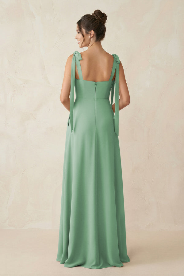 Square Neck Sheath Chiffon Bridesmaid Dress with Bow in Sea Glass - KissProm Bridesmaid Dresses