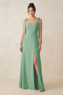 Square Neck Sheath Chiffon Bridesmaid Dress with Bow in Sea Glass - KissProm Bridesmaid Dresses