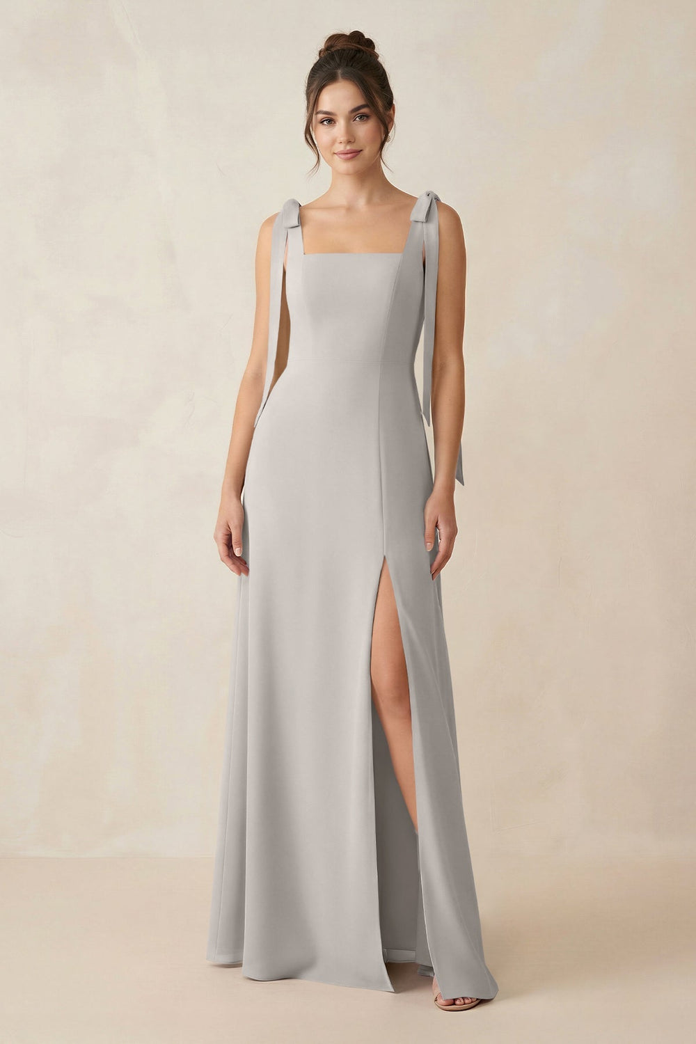 Square Neck Sheath Chiffon Bridesmaid Dress with Bow in Silver - KissProm Bridesmaid Dresses