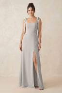 Square Neck Sheath Chiffon Bridesmaid Dress with Bow in Silver - KissProm Bridesmaid Dresses