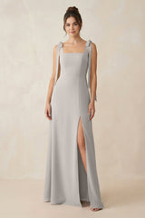 Square Neck Sheath Chiffon Bridesmaid Dress with Bow in Silver - KissProm Bridesmaid Dresses