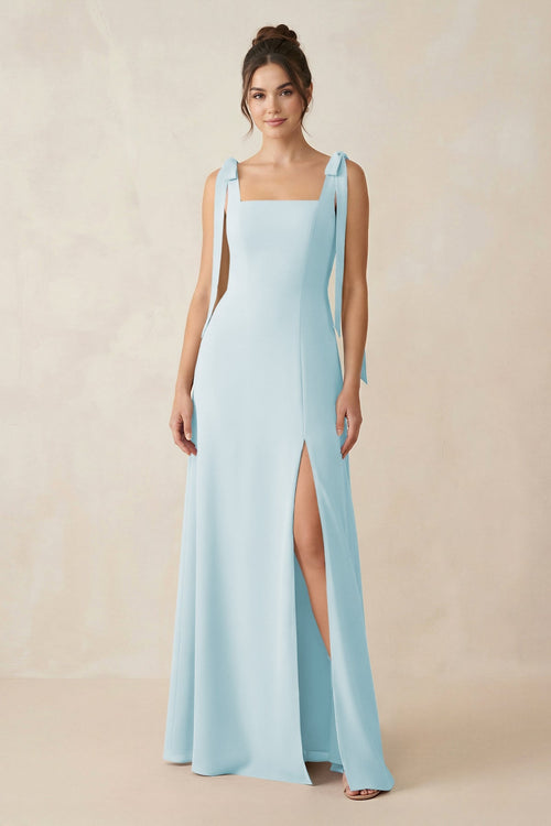 Square Neck Sheath Chiffon Bridesmaid Dress with Bow in Sky Blue - KissProm Bridesmaid Dresses