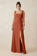 Square Neck Sheath Chiffon Bridesmaid Dress with Bow in Spice - KissProm Bridesmaid Dresses