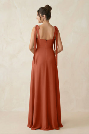 Square Neck Sheath Chiffon Bridesmaid Dress with Bow in Spice - KissProm Bridesmaid Dresses