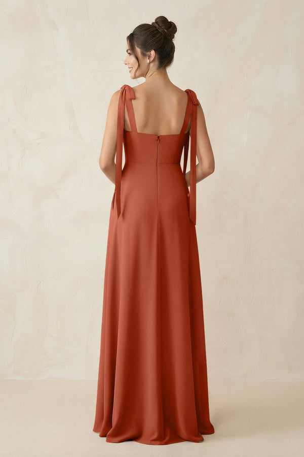 Square Neck Sheath Chiffon Bridesmaid Dress with Bow in Spice - KissProm Bridesmaid Dresses