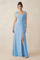 Square Neck Sheath Chiffon Bridesmaid Dress with Bow in Steel Blue - KissProm Bridesmaid Dresses