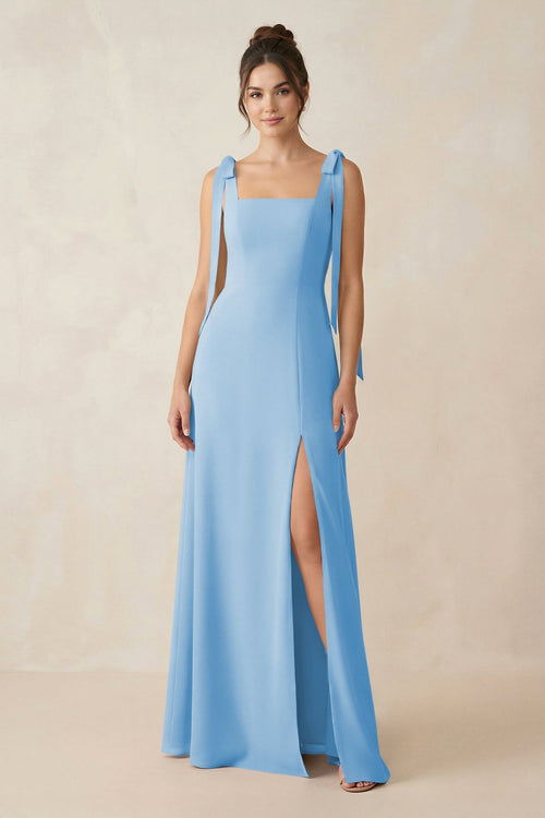 Square Neck Sheath Chiffon Bridesmaid Dress with Bow in Steel Blue - KissProm Bridesmaid Dresses