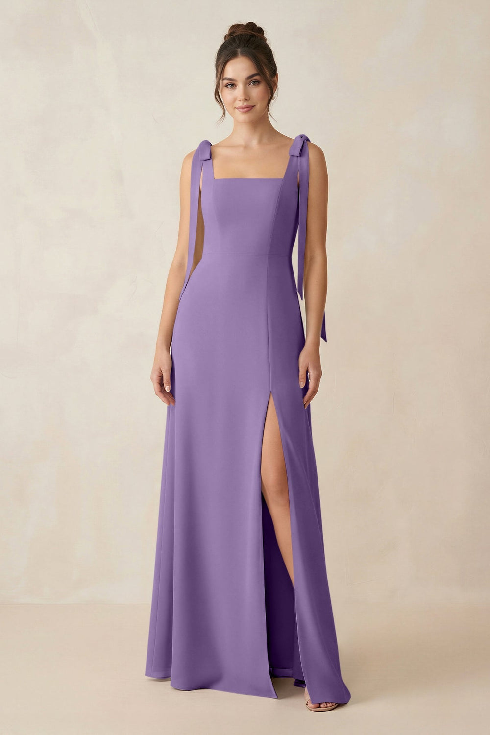 Square Neck Sheath Chiffon Bridesmaid Dress with Bow in Tahiti - KissProm Bridesmaid Dresses